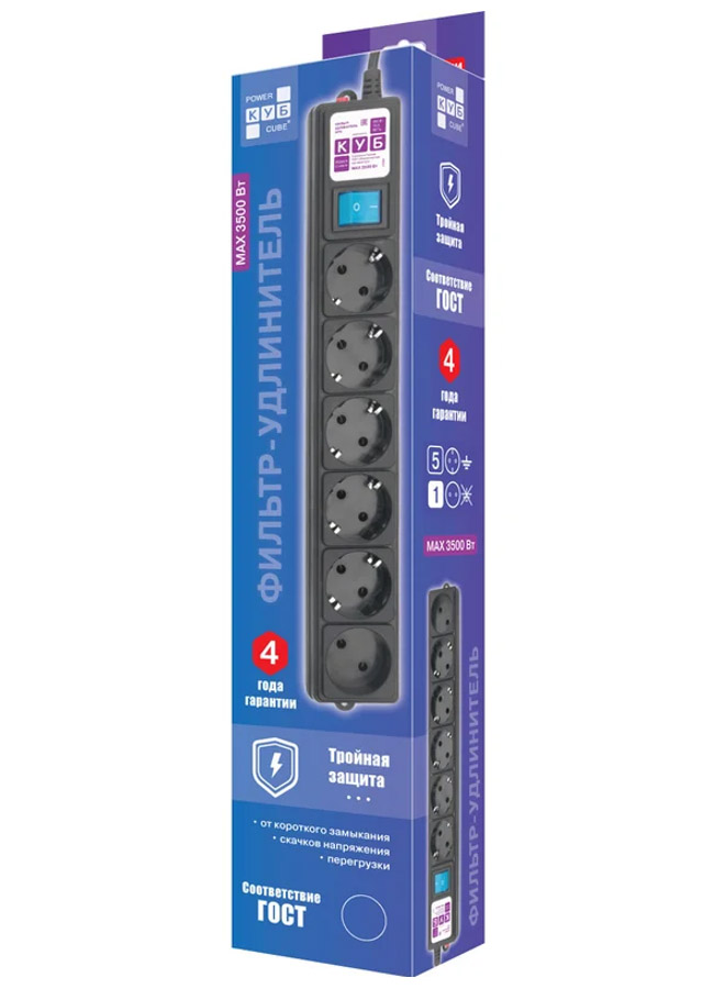 ������� ������  Power Cube 1.9 �, 6 ������� (5 � ����������� + 1 ��� ����������), 16A, 3.5���, 3x1.0, ������, SPG6-B1,9M