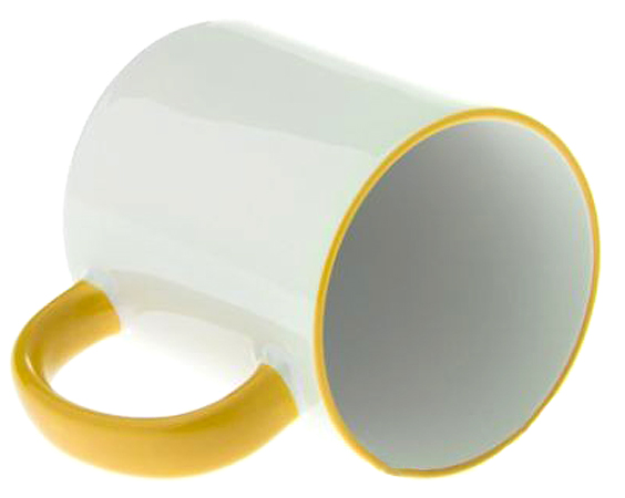 Кружка для сублимации, белая прямая с желтой ручкой и ободком