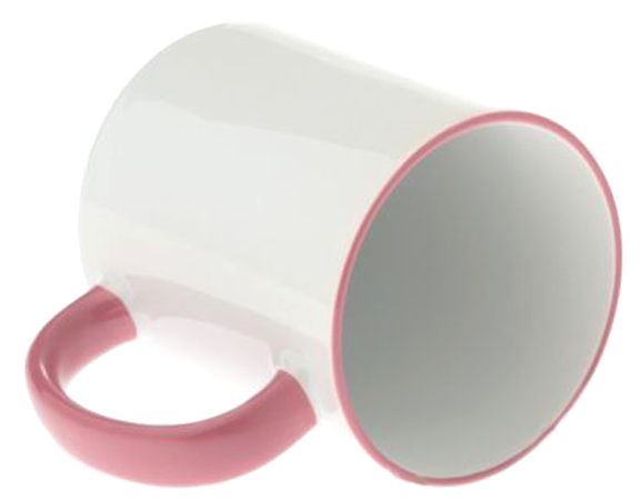 Кружка для сублимации, белая  прямая с розовой ручкой и ободком