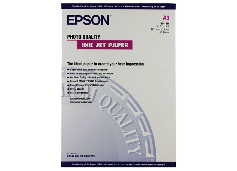  Epson Photo Quality Ink Jet Paper, A3, 102 /2, 100  (C13S041068)