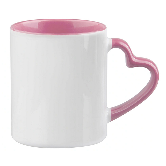 Кружка для сублимации, белая прямая с розовой заливкой и фигурной ручкой в виде "сердца"